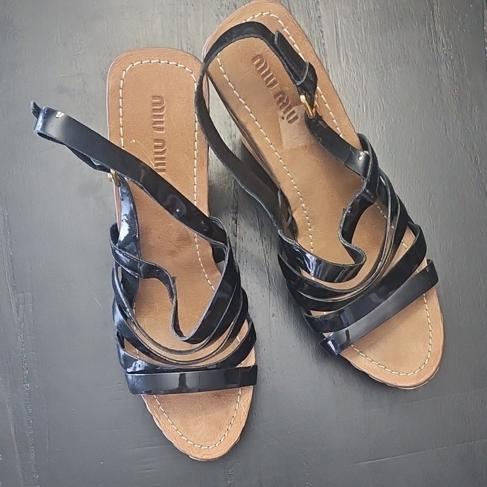 Miu Miu Glossy Black Strappy Sandal WEDGES